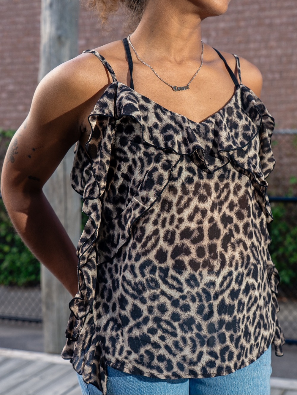 Suzy Shier Leopard Print Ruffle Cami - Taupe & Black